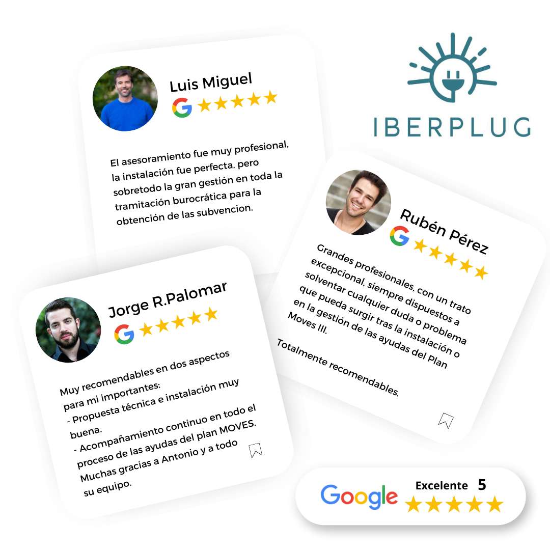 Fichas de opiniones de clientes de la empresa iberplug comentando lo bien que han hecho la gestión de la subvención del Plan MOVES con 5 estrellas en Google